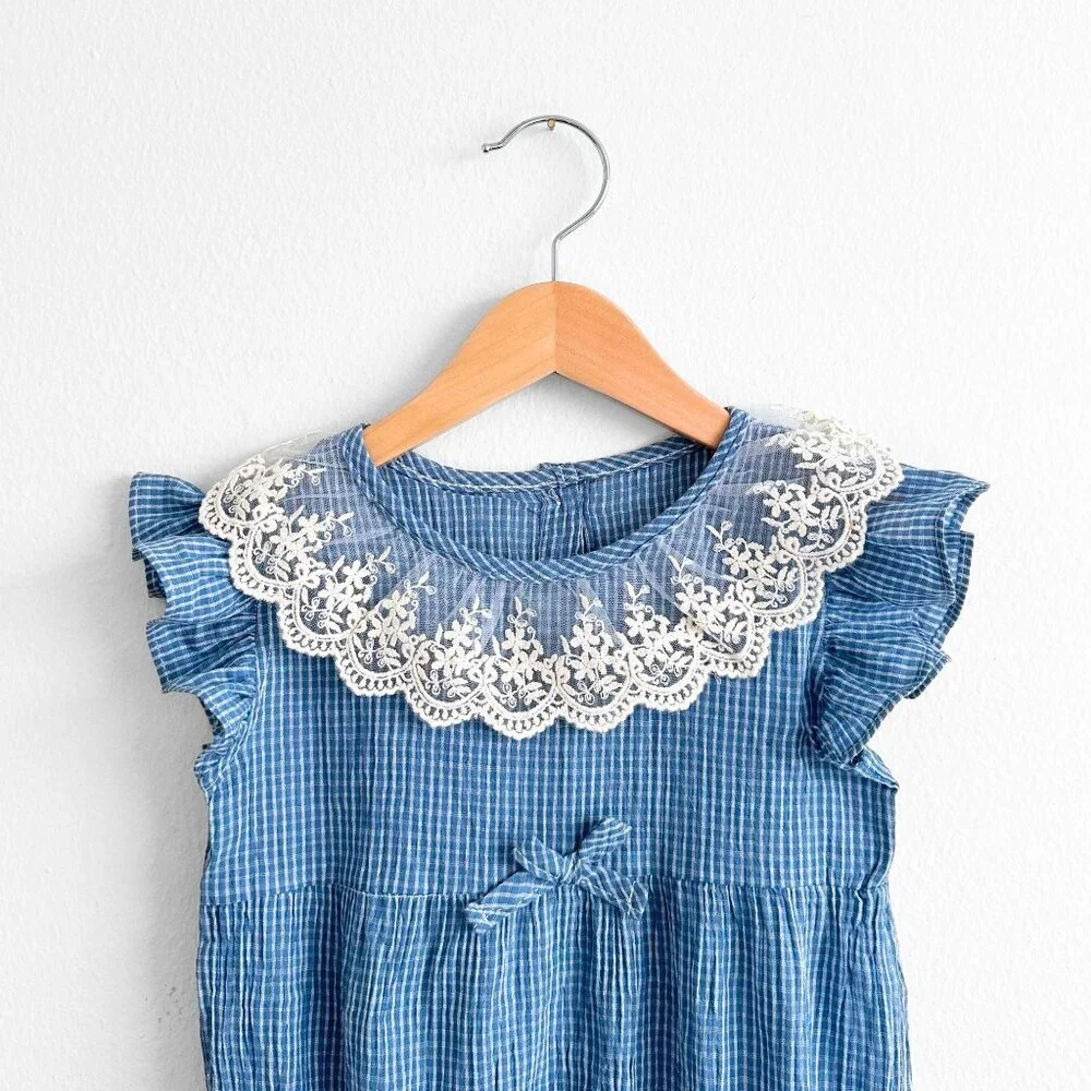 NWT Pretty Girls Embroidered Lace Ruffled Collar Bubble Romper BlueWhite 18-24M